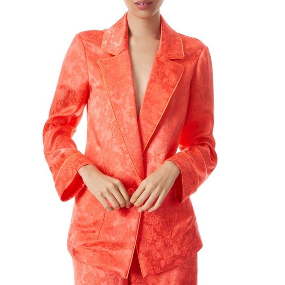 ALICE + OLIVIA Shanda Jacquard Satin Pajama Blazer bright Coral Orange Silky S